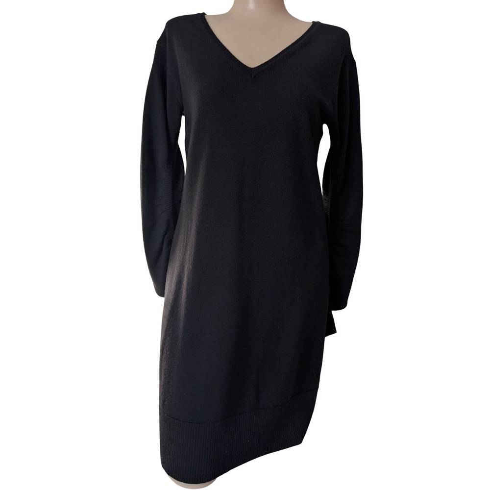Black‎ Merino Wool Knit Sweater Dress Small Ruched Minimalist Preppy Office Work